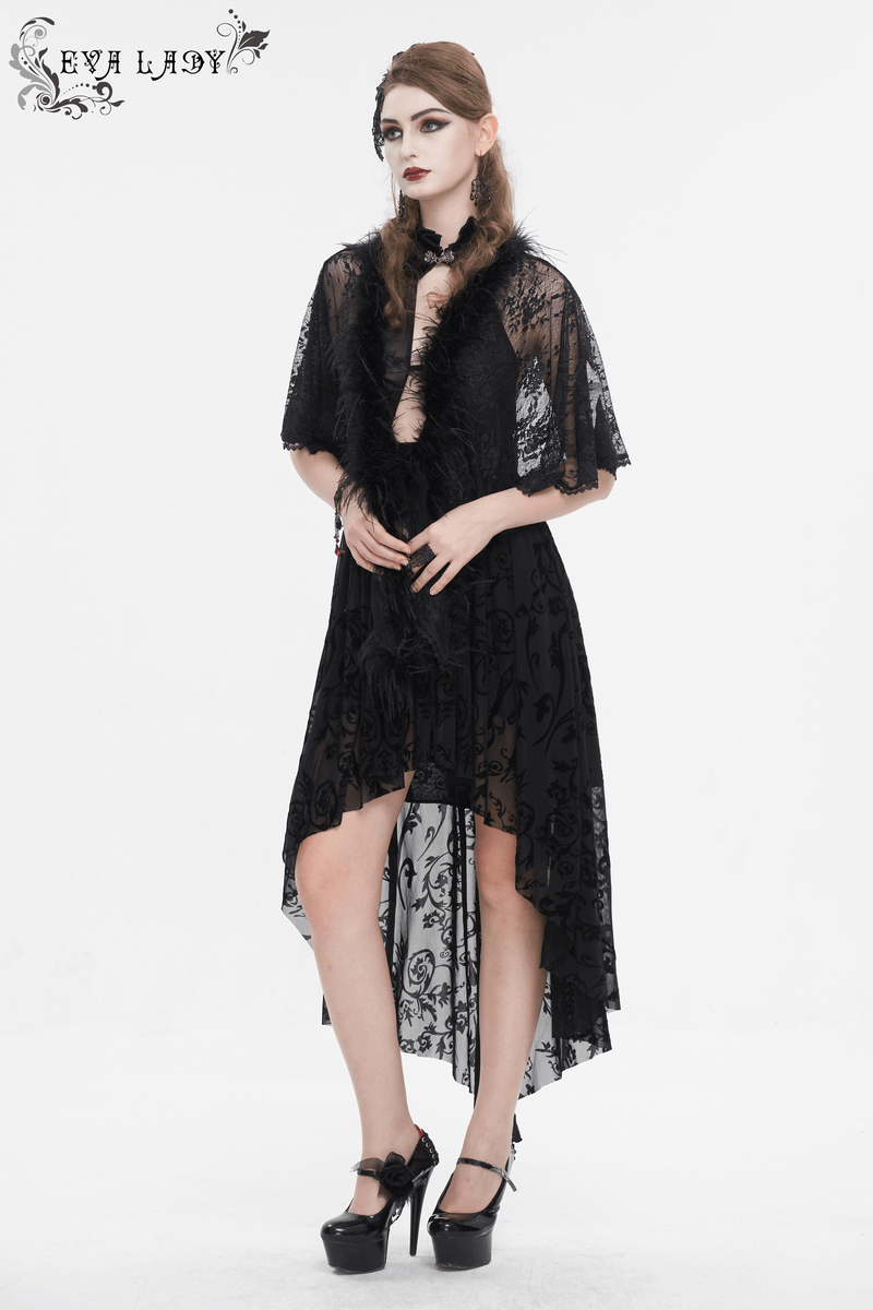 Gothic women's floral lace pattern cape with fluffy hem, perfect for ethereal and romantic looks.