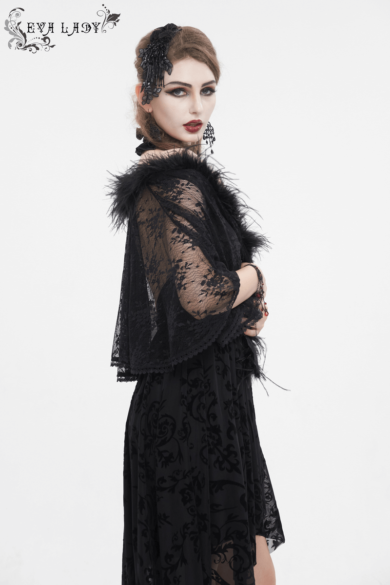 Gothic Women's Floral Lace Pattern Cape with Irregular Fluffy Hem - HARD'N'HEAVY