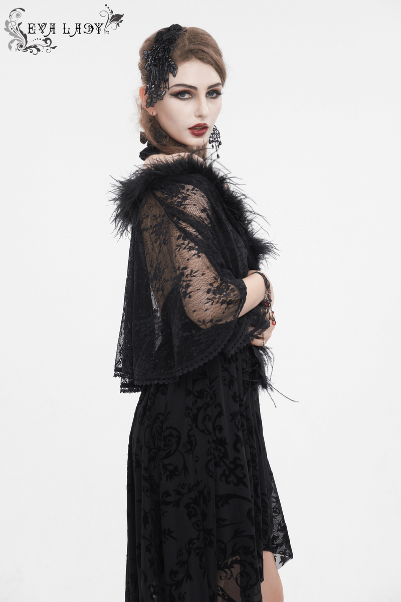 Gothic women's floral lace cape with irregular fluffy hem showcasing elegance and allure in black.