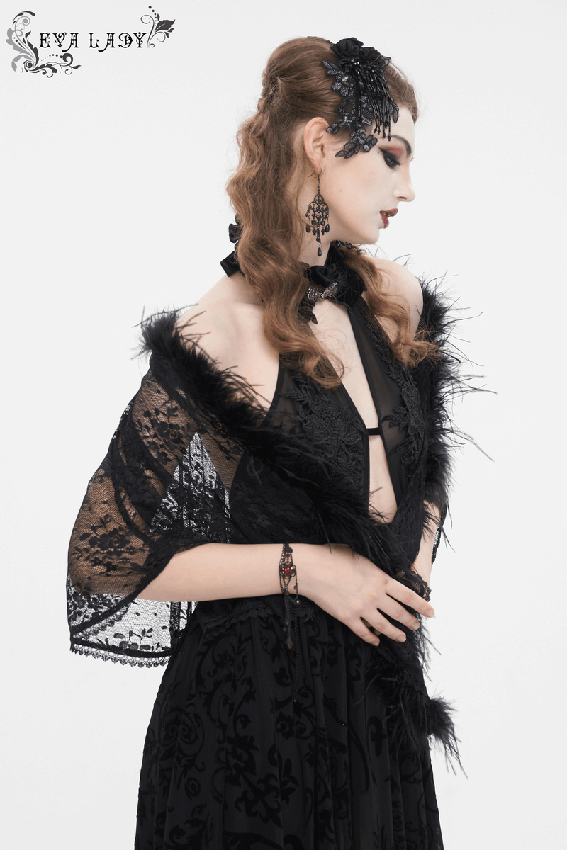 Gothic women's floral lace cape with irregular fluffy hem worn elegantly, showcasing a blend of mystique and fashion.