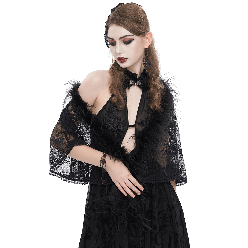Gothic Women's Floral Lace Pattern Cape with Irregular Fluffy Hem - HARD'N'HEAVY