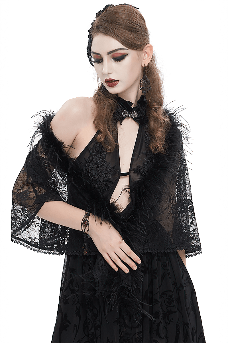 Gothic women's floral lace cape with irregular fluffy hem, perfect for ethereal fashion enthusiasts.