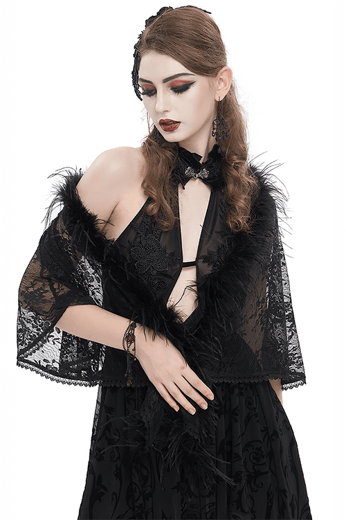 Gothic Damen Cape mit floralem Spitzenmuster und unregelmäßigem, flauschigem Saum