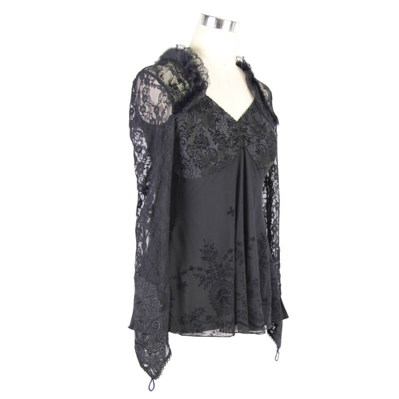 Gothic Women's Flowing Lace Sleeve Top / Sexy Black Slim-Fitting Tops for Lady - HARD'N'HEAVY