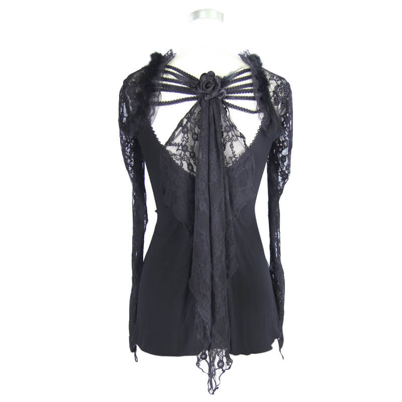 Chic Gothic women's black lace top featuring flowing sleeves and a stylish back design with a rose detail.