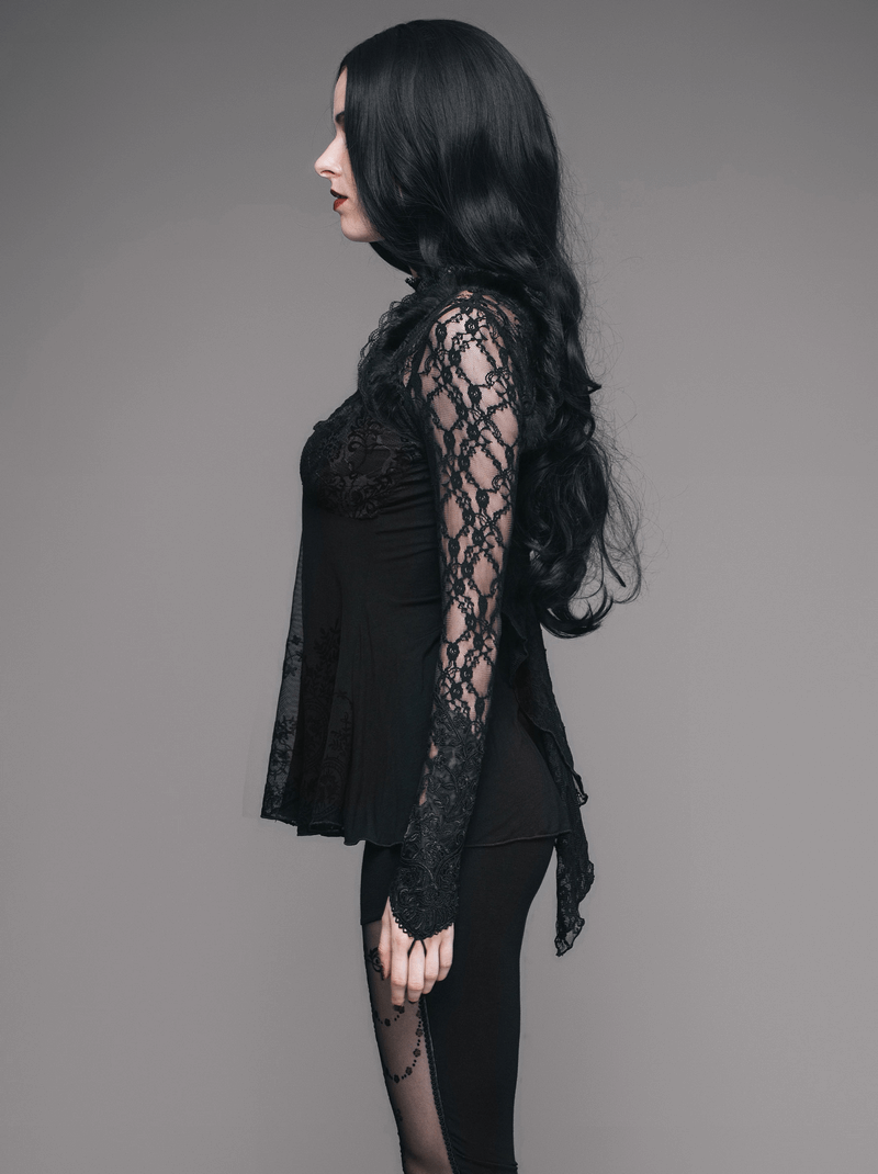 Gothic women's black lace sleeve top, elegantly fitted, showcasing a stylish model in profile with flowing lace details.