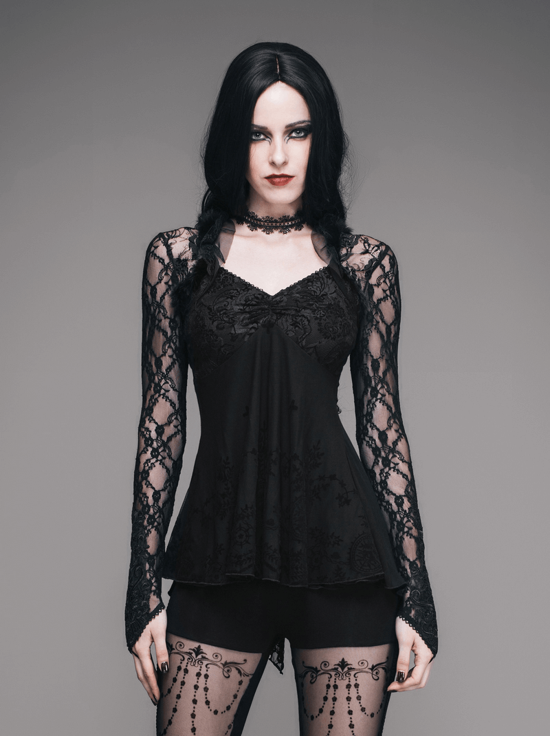 Gothic women's black lace sleeve top, showcasing elegance and a slim fit, perfect for a stylish night out.