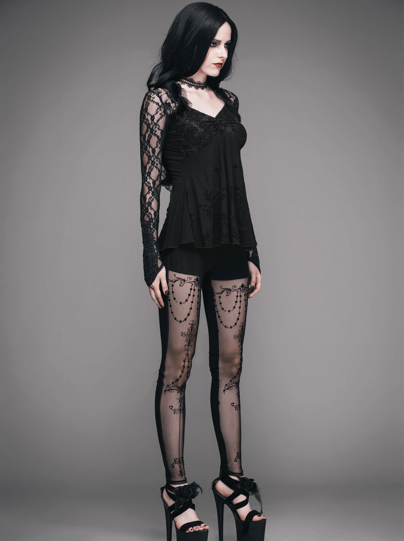 Gothic women's black lace sleeve top paired with elegant black leggings and stylish high heels.
