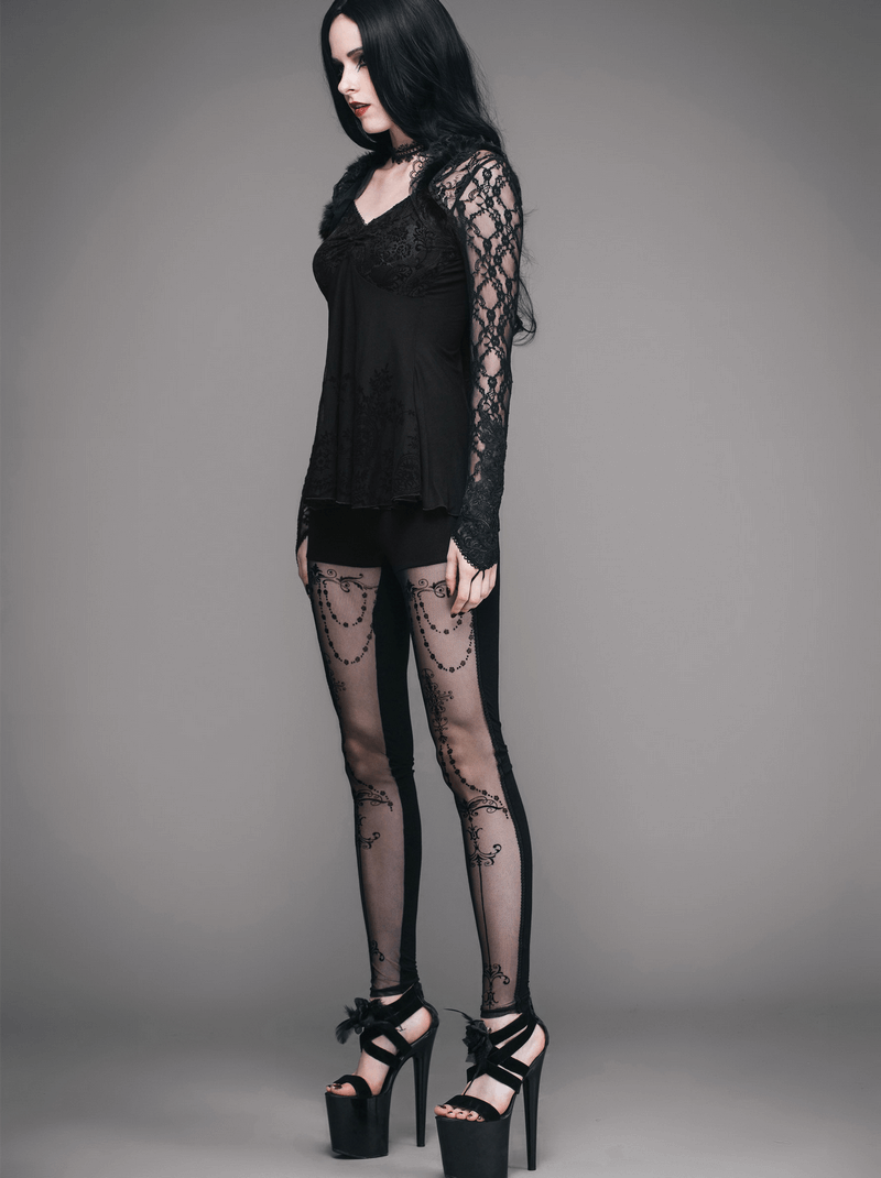 Gothic women's flowing lace sleeve top paired with elegant lace leggings and stylish high heels.