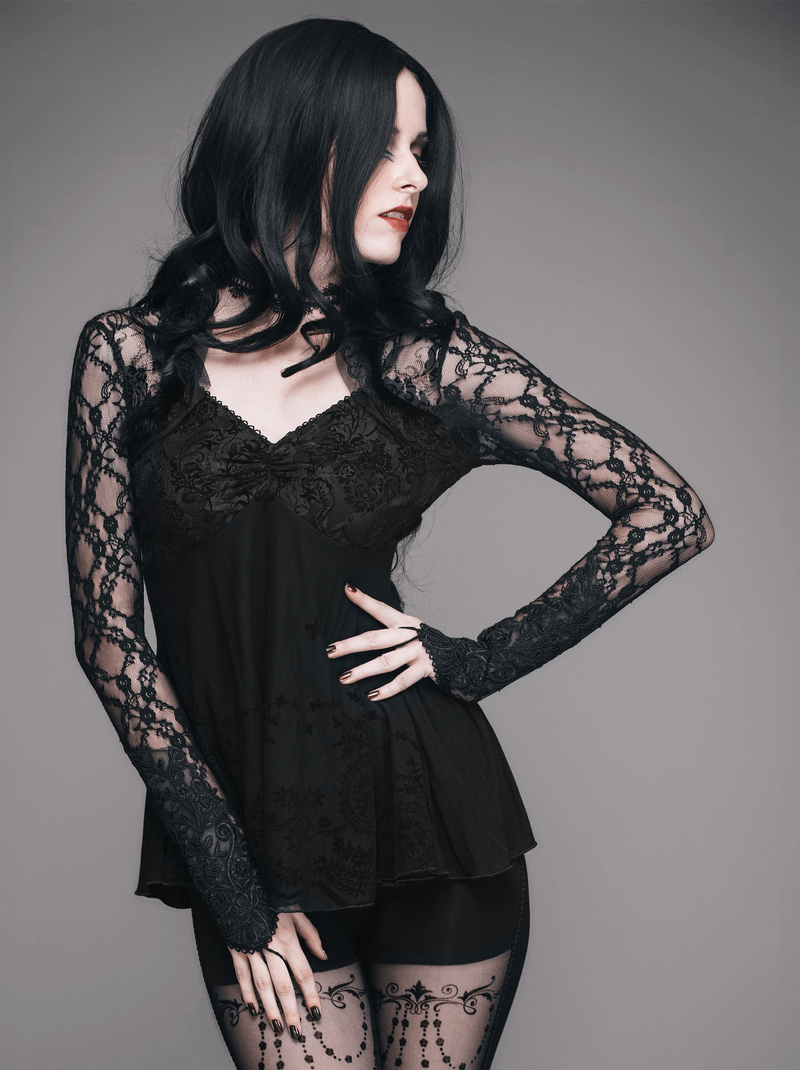 Model showcasing a Gothic women's black lace sleeve top, emphasizing elegance and slim-fit style.