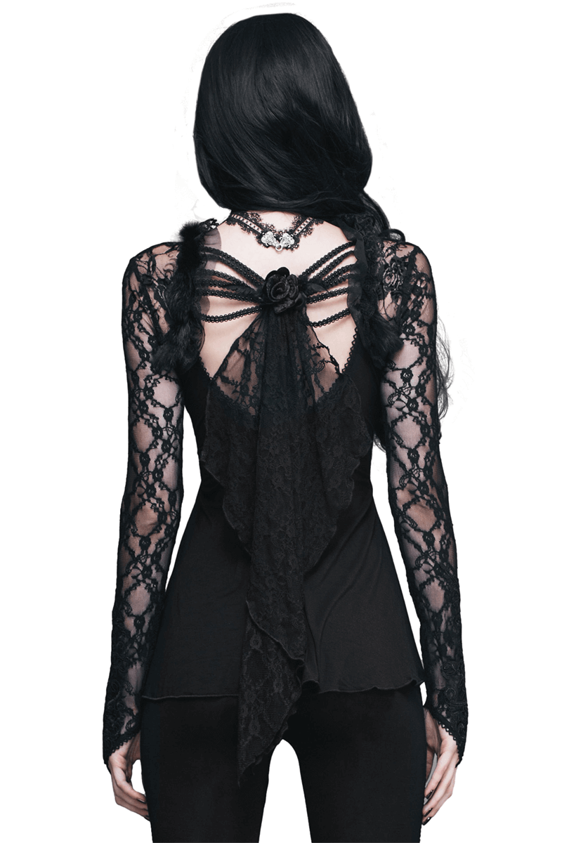 Back view of a gothic women's black lace sleeve top featuring elegant lace details and a stylish tie design.