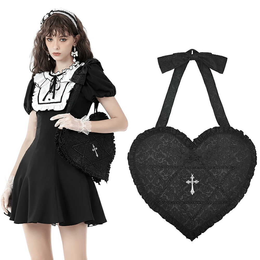 Gothic women's heart shoulder bag with cross detail, featuring Victorian romance and punk rock style.