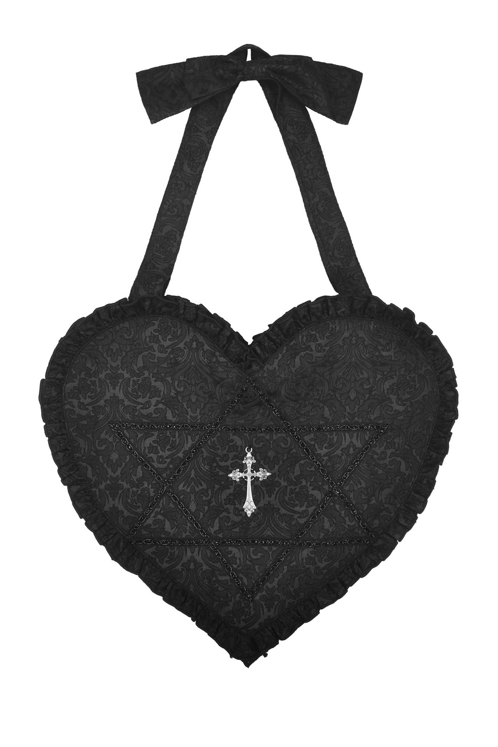 Gothic women's black heart shoulder bag with cross detail and ruffled edges, perfect for punk style.