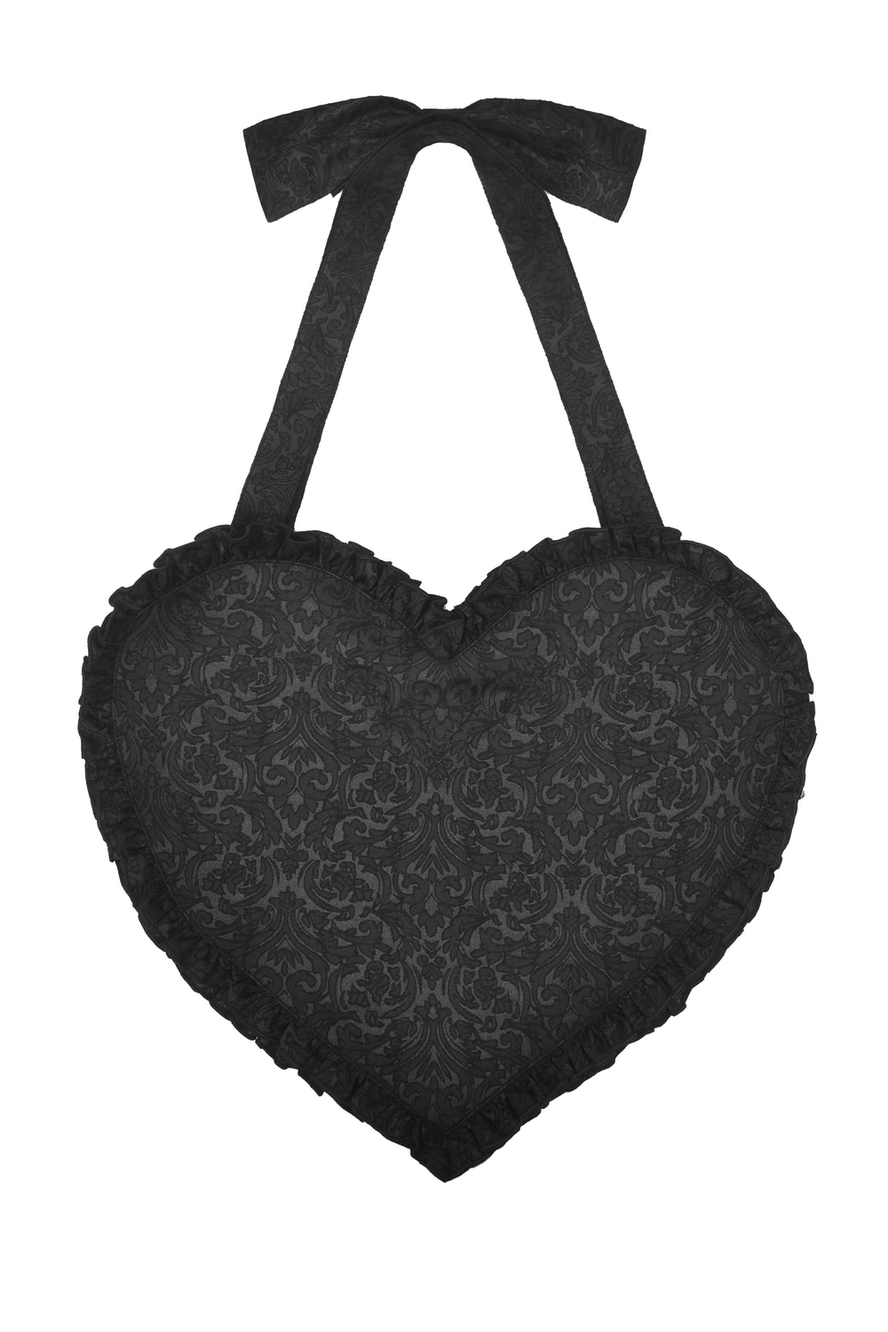 Gothic black heart shoulder bag with cross detail and bow straps, perfect for a punk rock look.
