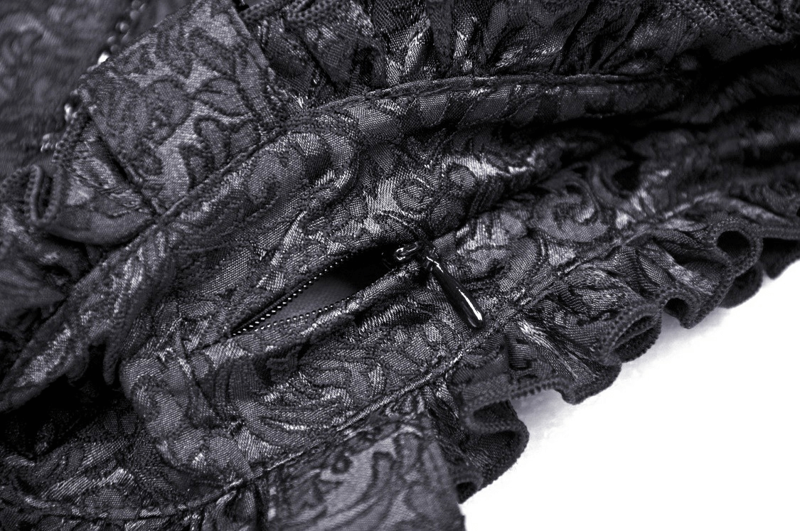 Close-up of black fabric with intricate floral pattern and a zipper, featuring gothic elegance and romantic flair.