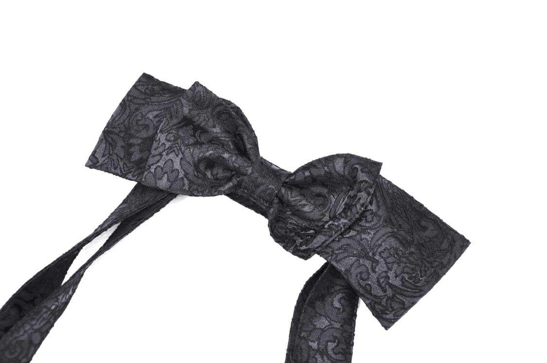 Elegant black lace bow with flowing ribbons, perfect for gothic or vintage-inspired fashion.