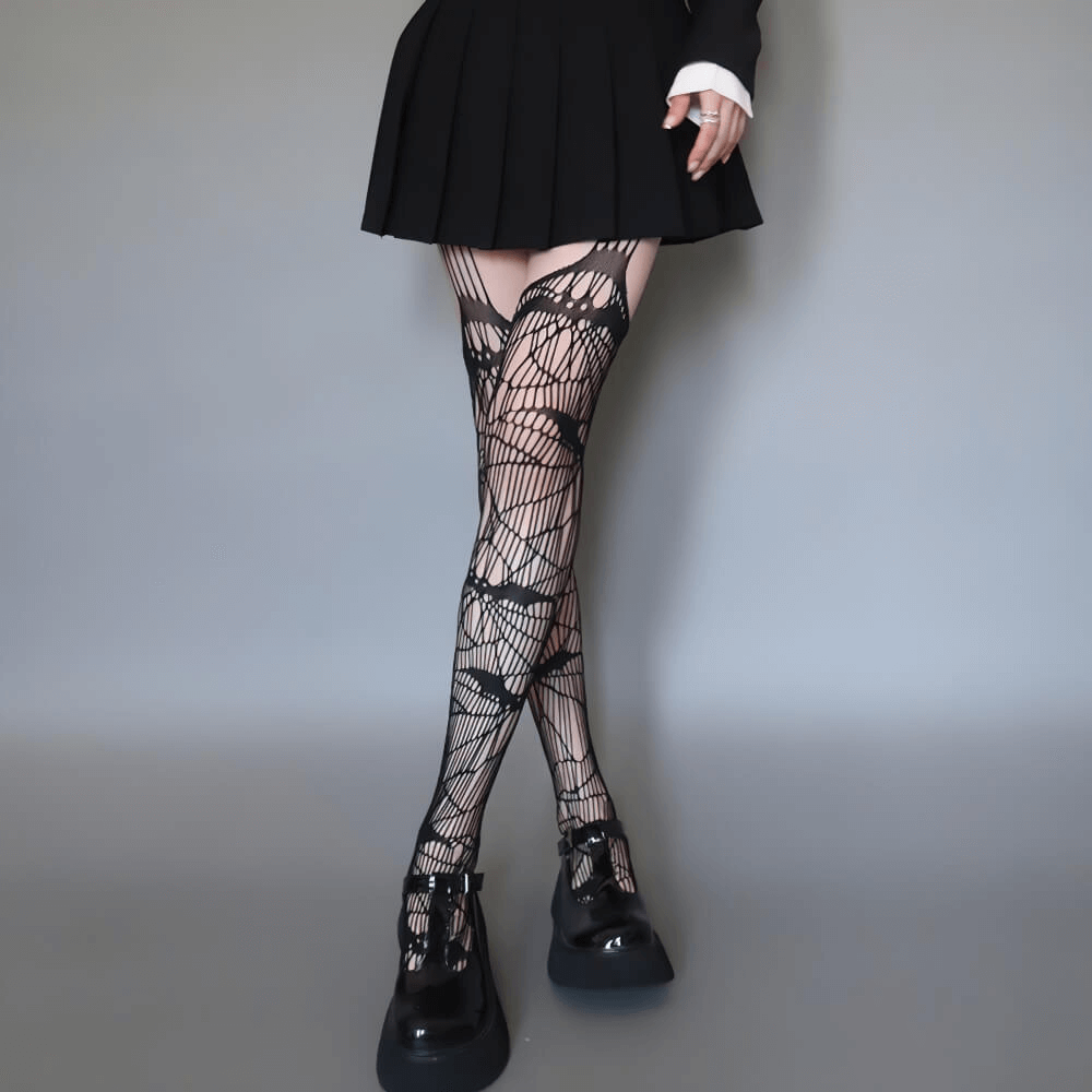 Gothic women's hollow garter bat fishnet pantyhose, stylish mesh tights for edgy cosplay fashion.
