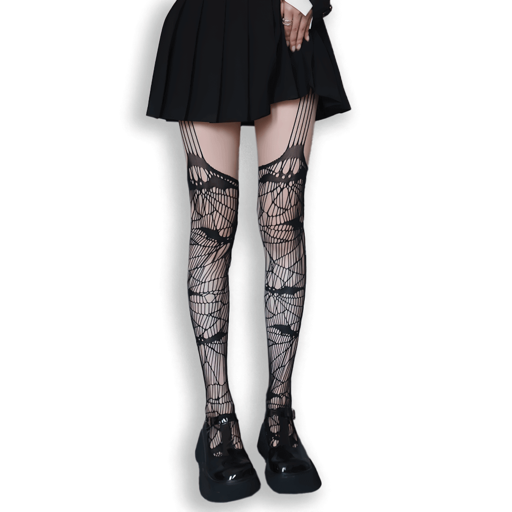 Gothic women's bat fishnet pantyhose with garter effect, perfect for edgy cosplay and alternative fashion.