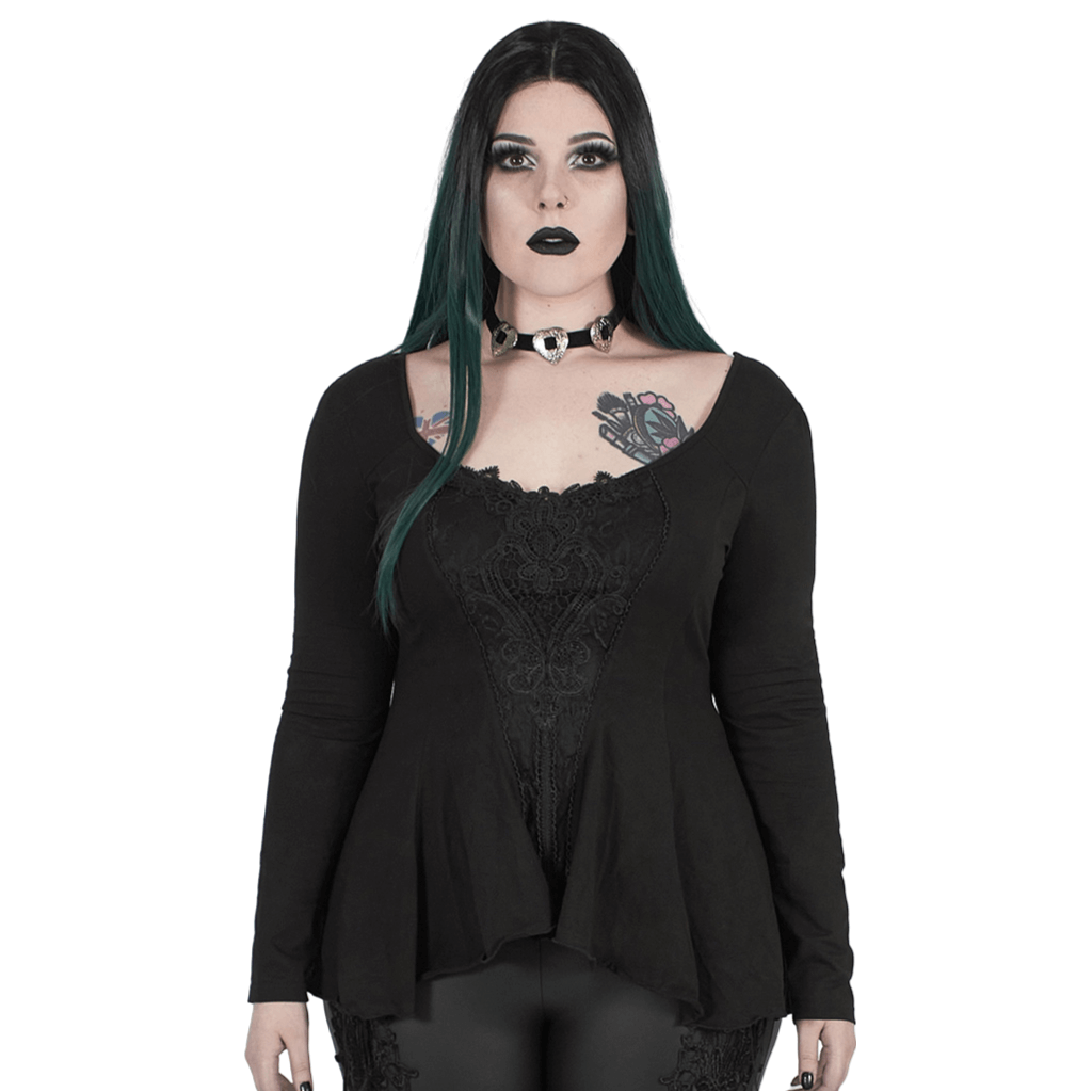 Gothic women's lace accent flared sleeves fitted top with elegant hand decal design and unique hem detail.
