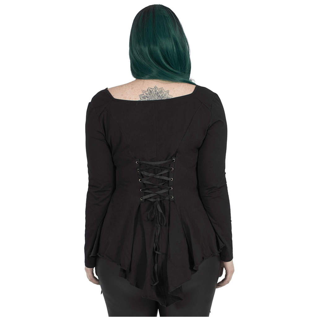 Back view of Gothic Women's fitted top with lace-up design and flared sleeves, showcasing a unique vintage style.