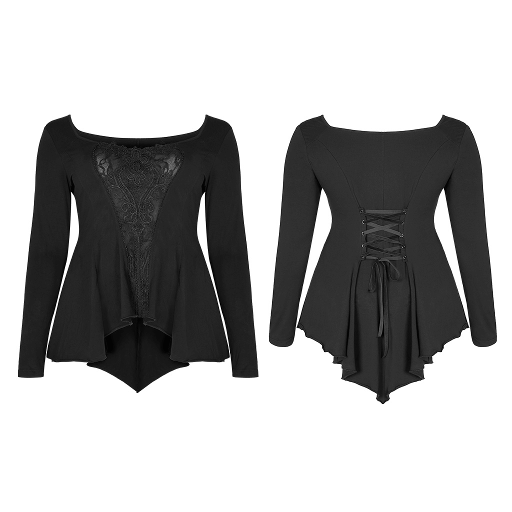 Gothic women's flared sleeve fitted top featuring lace accents and a unique irregular hemline.