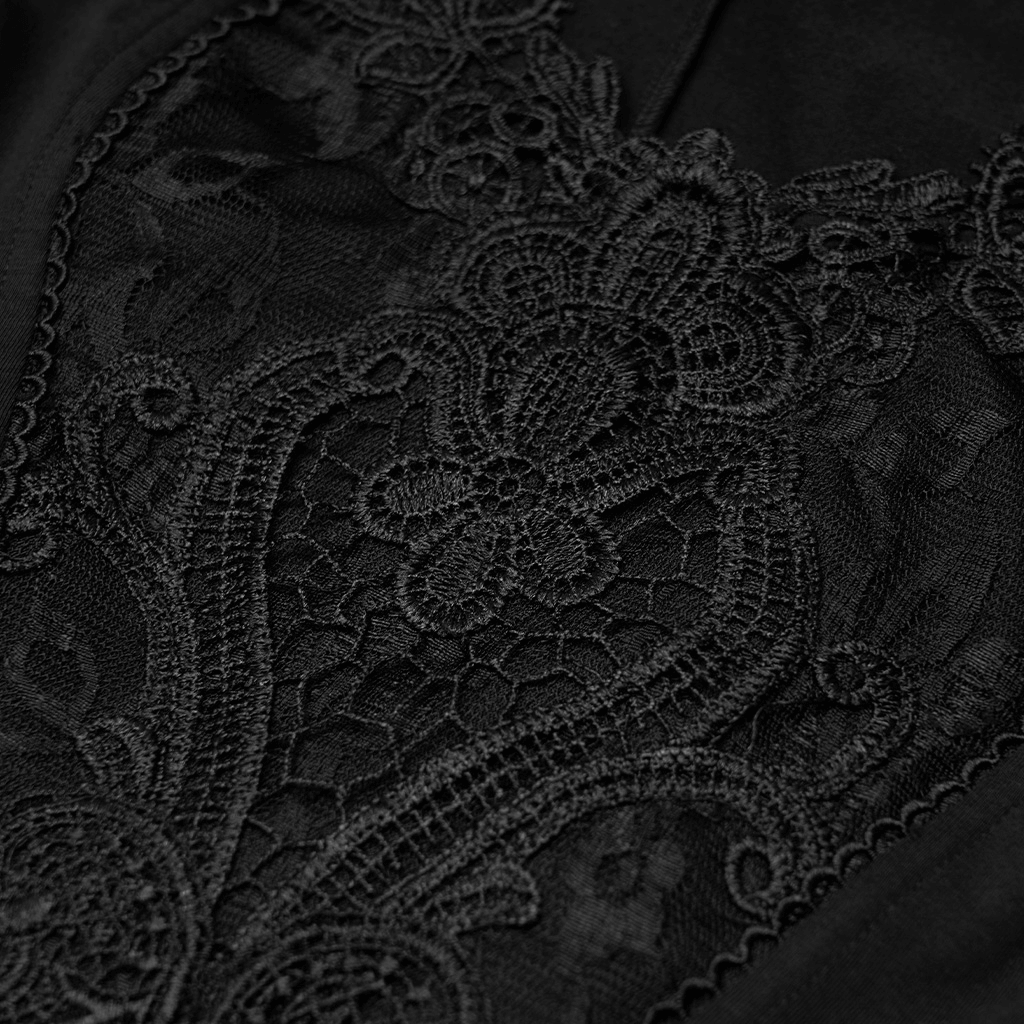 Close-up of intricate black lace detailing on Gothic women's fitted top, showcasing elegant design elements.