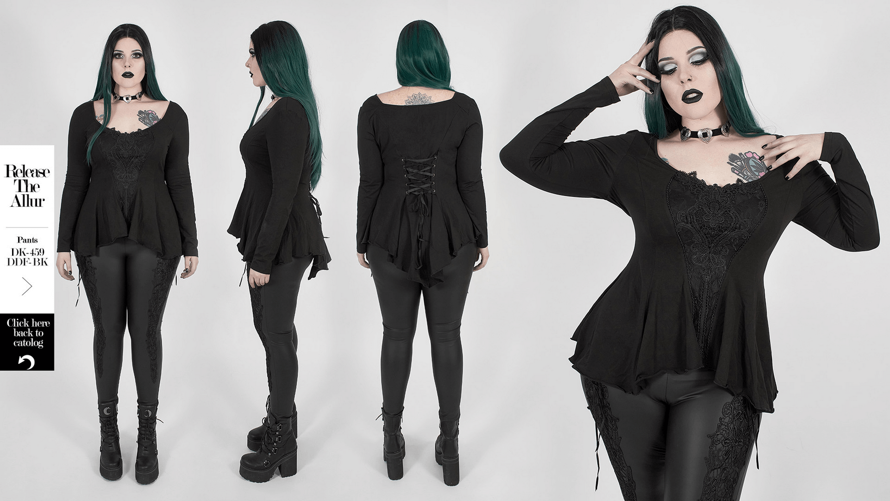 Gothic women's lace accent fitted top with flared sleeves and unique design, showcasing elegance and comfort.