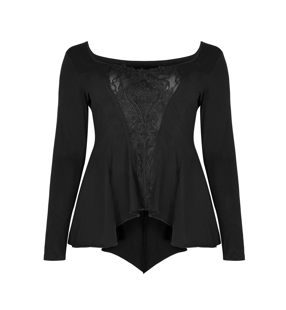 Gothic women's lace accent flared sleeve fitted top with vintage lace-up back and elegant hand decal design.