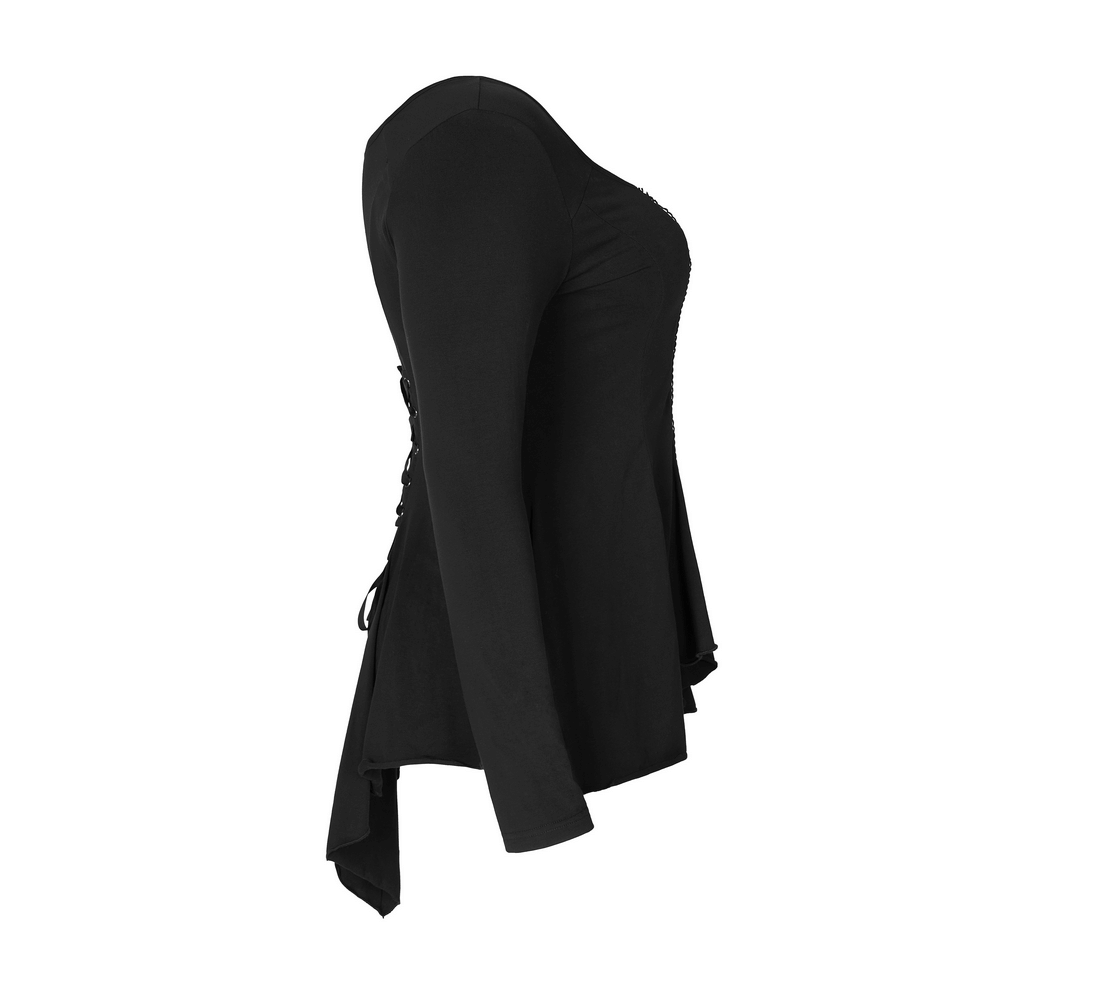 Gothic women's fitted top featuring lace-up back, flared sleeves, and unique irregular hem in sleek black.