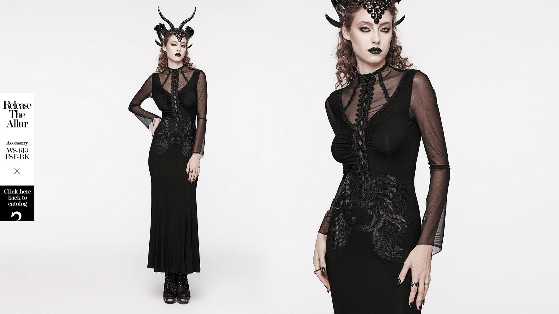 Elegant Gothic women's long dress with lace and embroidery, featuring unique details and a daring silhouette.