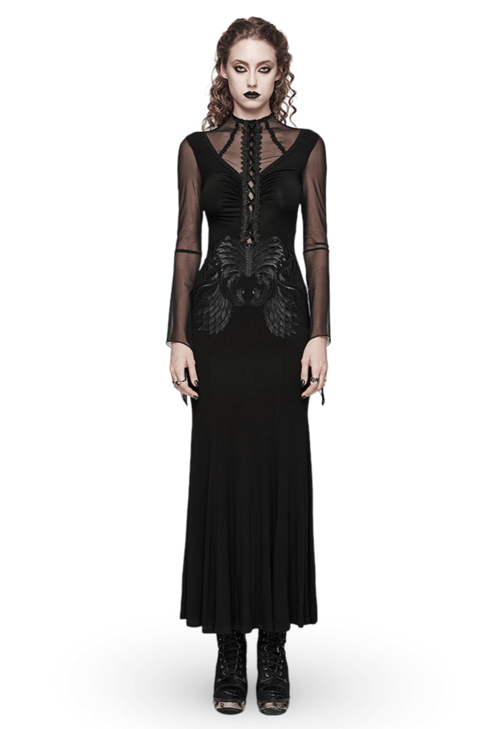 Elegant Gothic women's dress with lace detail and lion embroidery, featuring mesh sleeves and a daring bold style.