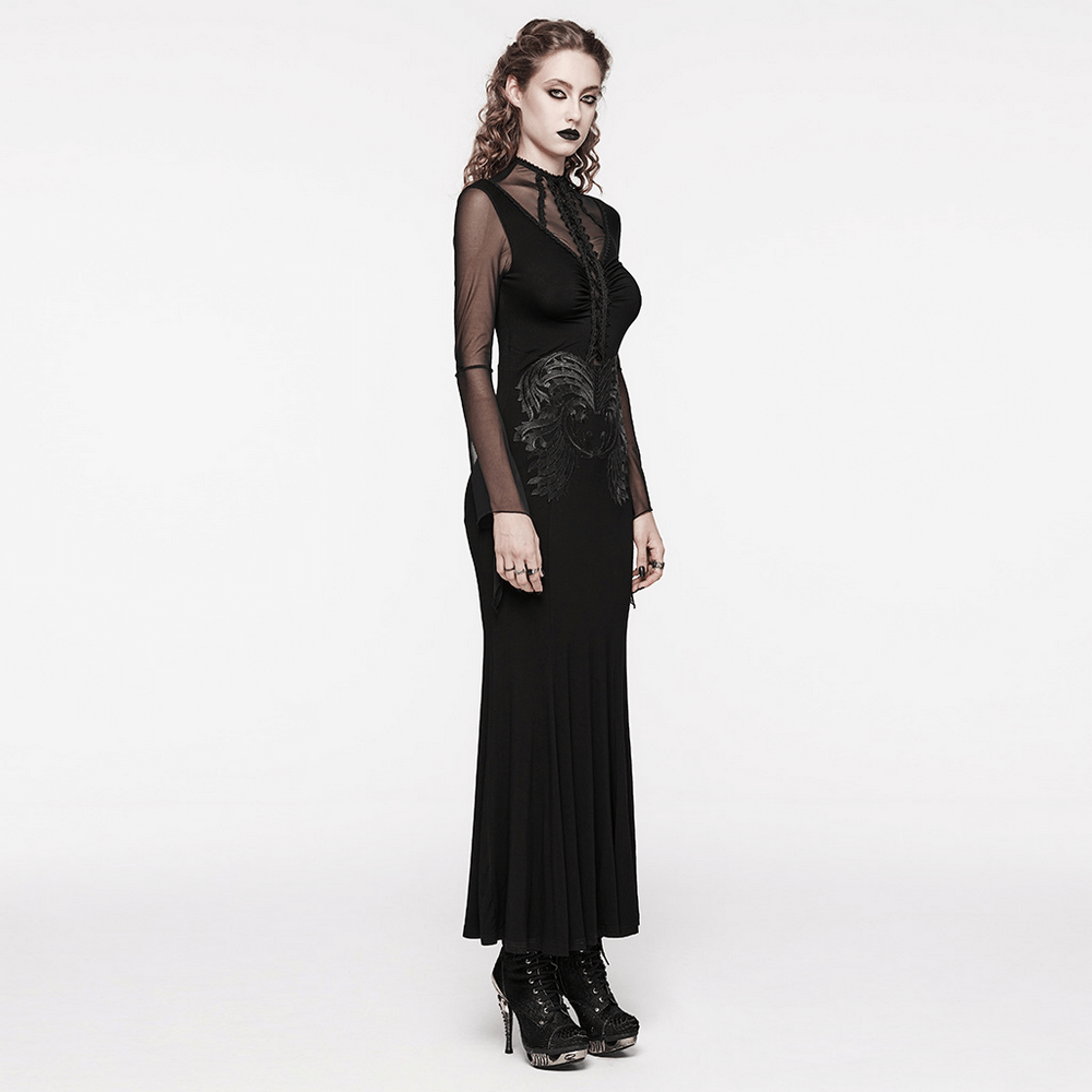 Elegant Gothic women's long dress in black lace and mesh, featuring intricate embroidery and a slim-fit silhouette.