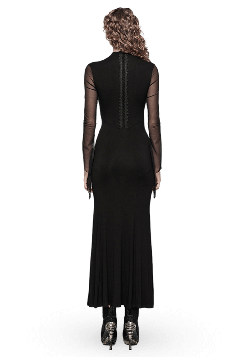 Back view of Gothic Women's Lace and Embroidery Mesh Dress with long sleeves and zipper detail.
