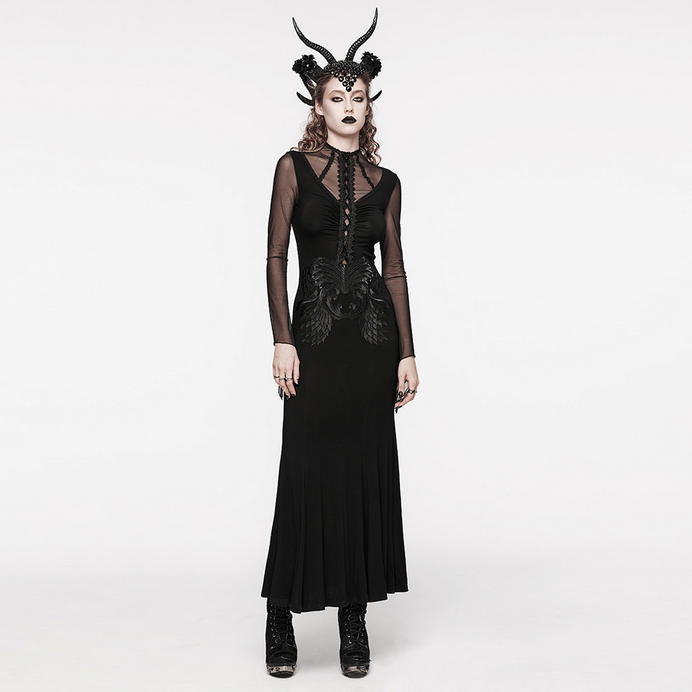 Elegant Gothic women's black dress with lace and mesh details, featuring dramatic horns and chic dark accessories.