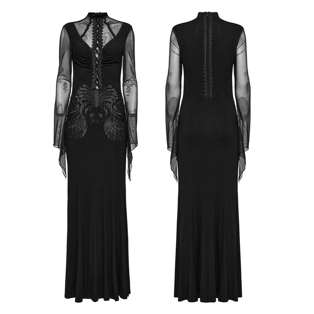 Elegant Gothic women's long dress with lace and mesh detailing, showcasing a bold design and intricate embroidery.