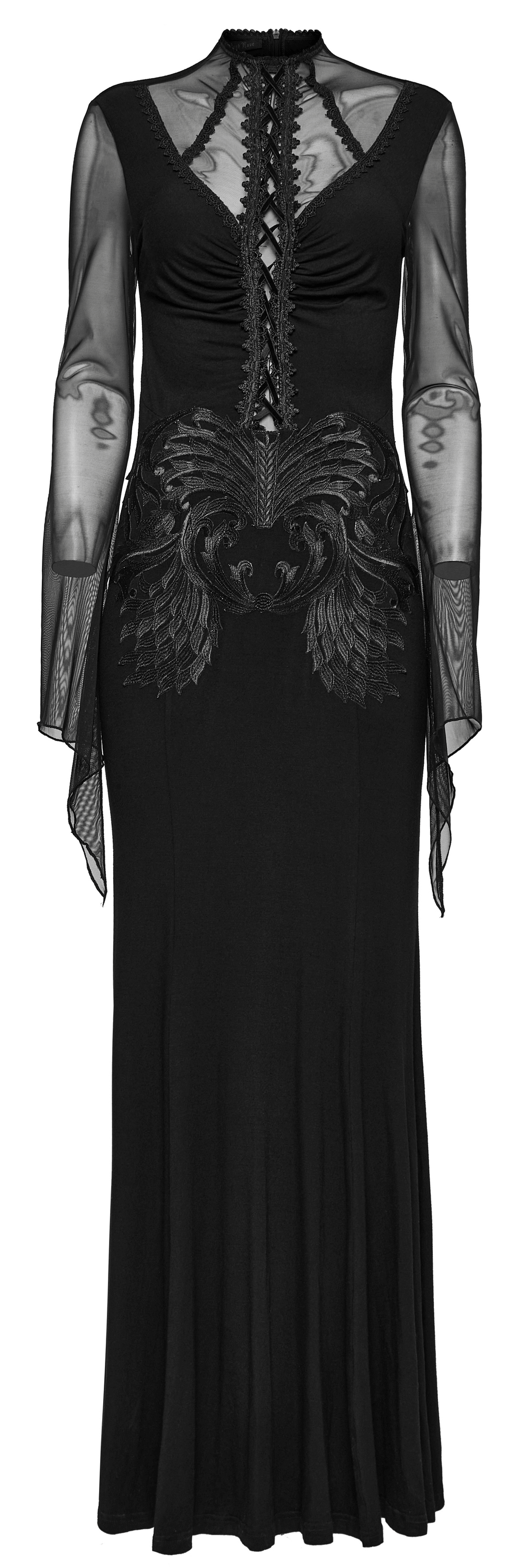 Elegant Gothic women's long dress with lace detail and mesh sleeves, featuring intricate embroidery and a slim-fit design.