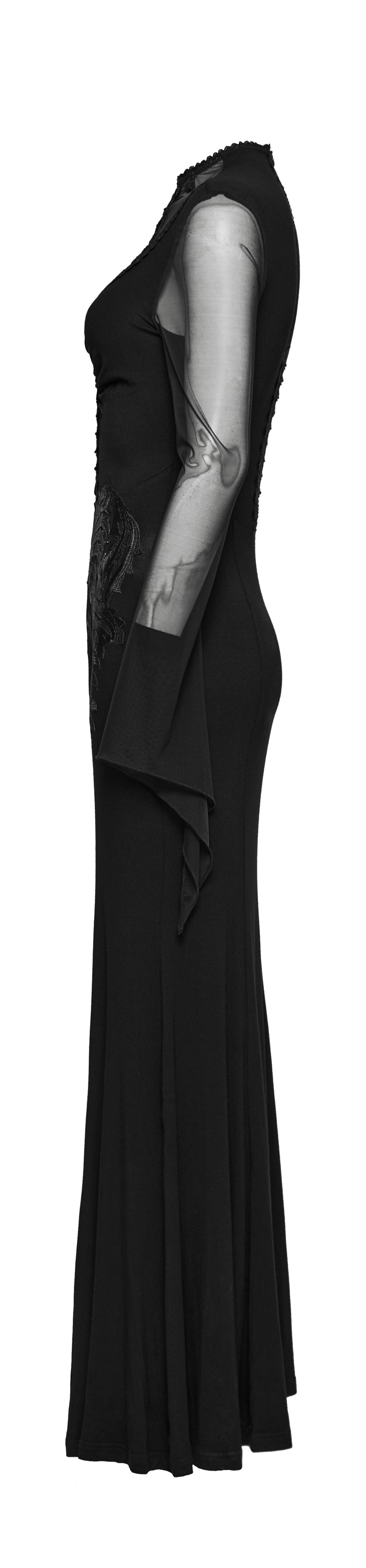 Elegant Gothic women's lace and mesh dress showcasing stunning side profile with intricate embroidery details.
