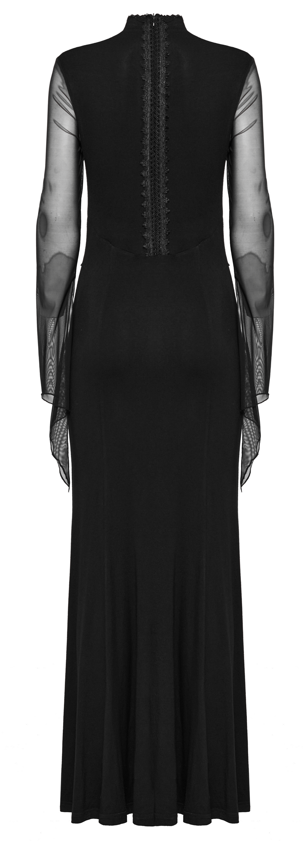 Elegant black Gothic dress with lace sleeves and back zipper, showcasing a slim-fit silhouette.