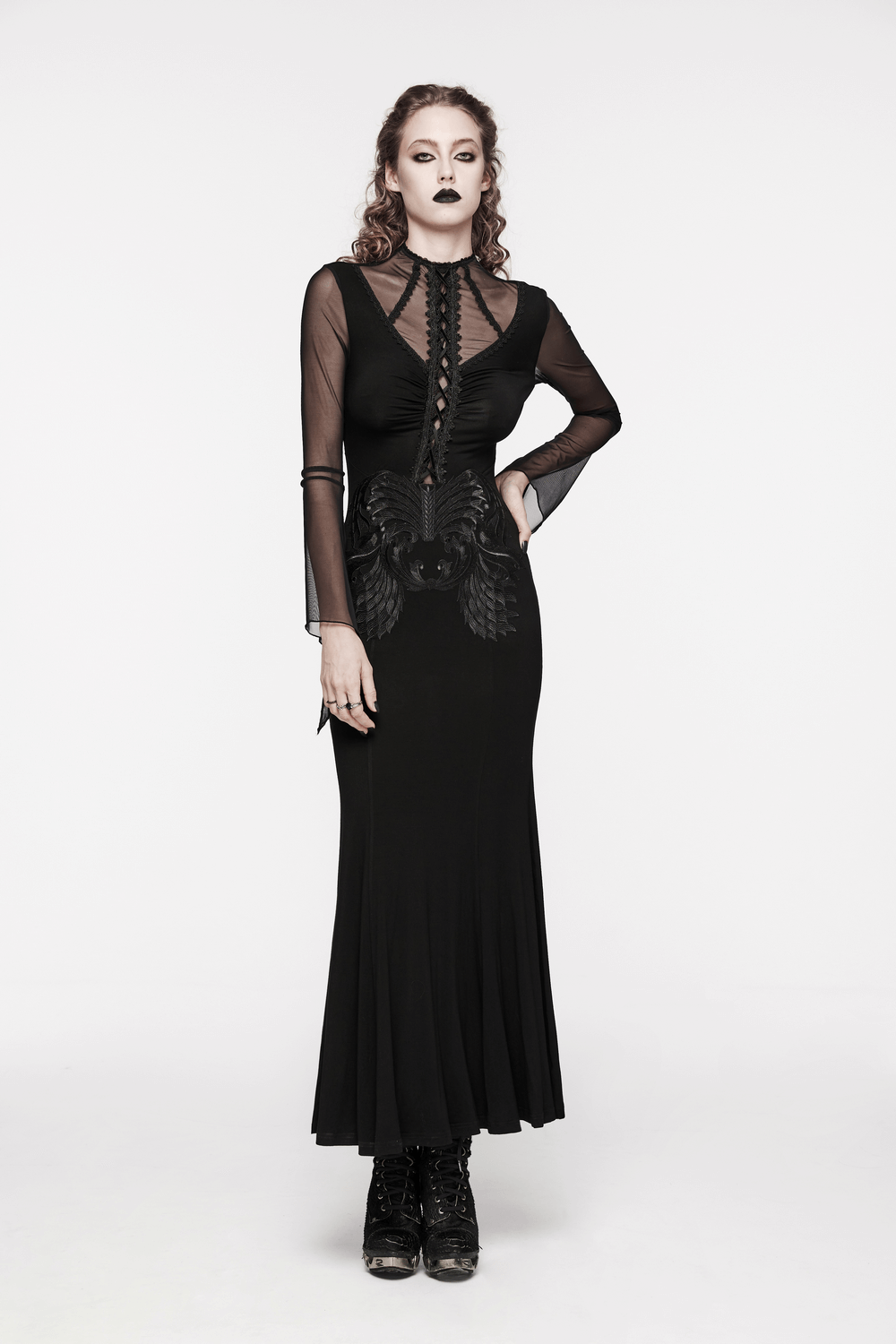 Gothic women's long lace and mesh dress featuring lace details and bold embroidery.