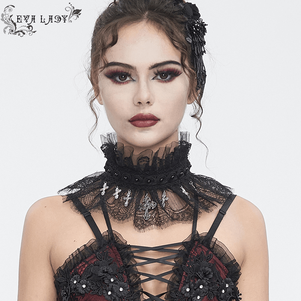 Gothic Women's Lace Choker with Cross Accents