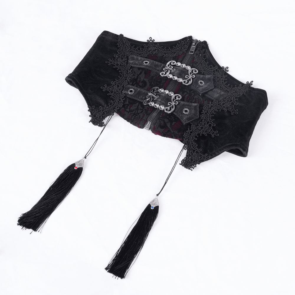 Gothic women's lace corset belt with tassel detail, featuring intricate lace and Victorian-inspired design.