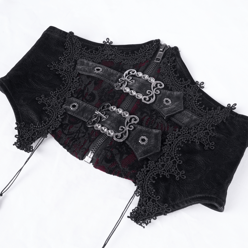 Gothic women's black lace corset belt with tassel detail and intricate design, perfect for chic avant-garde style.