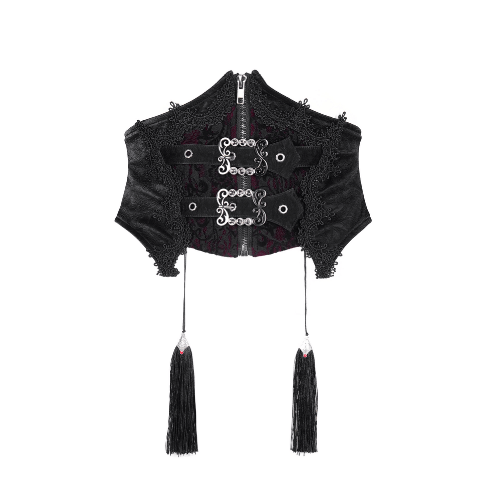 Gothic women's black lace-up corset belt with tassel details, perfect for a Victorian-inspired look.