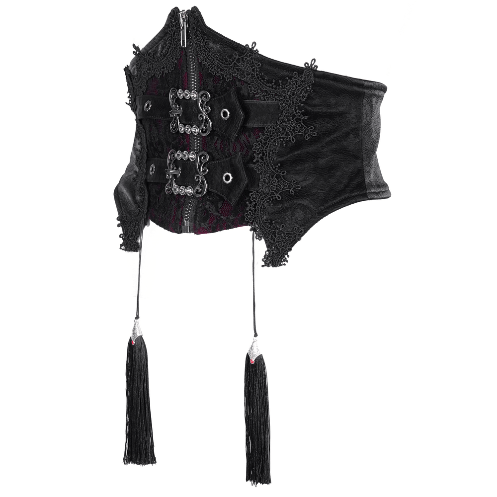 Gothic women's lace corset belt with tassel detail, featuring Victorian-inspired design and intricate lace accents.
