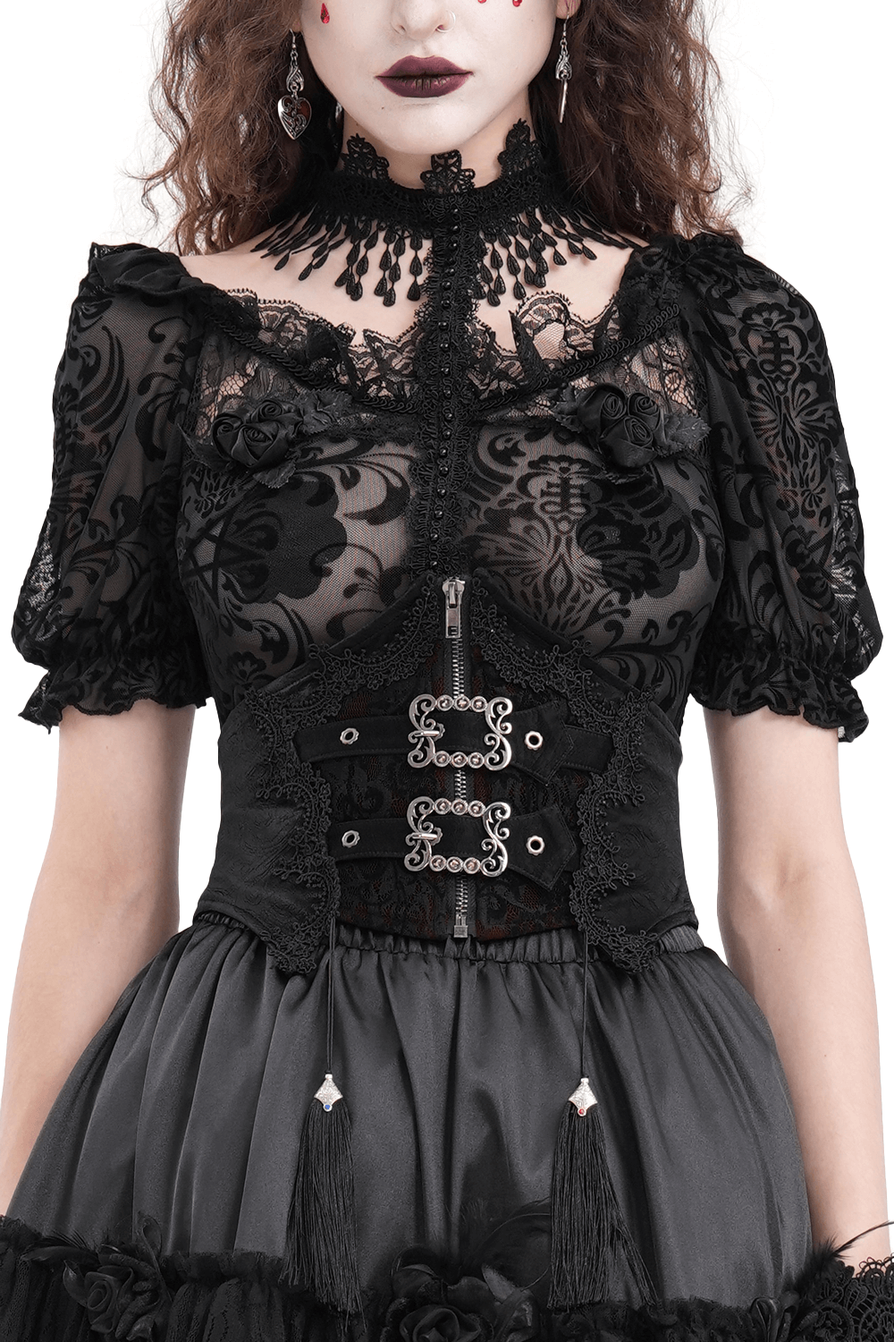 Gothic women's lace corset belt with tassel detail, Victorian-inspired black outfit for dark romantic fashion.