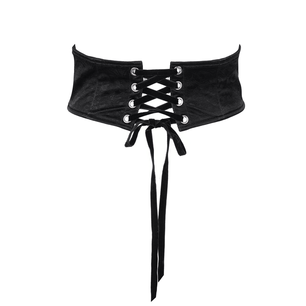 Gothic women's black lace corset belt with tassel detail for a chic Victorian-inspired look.