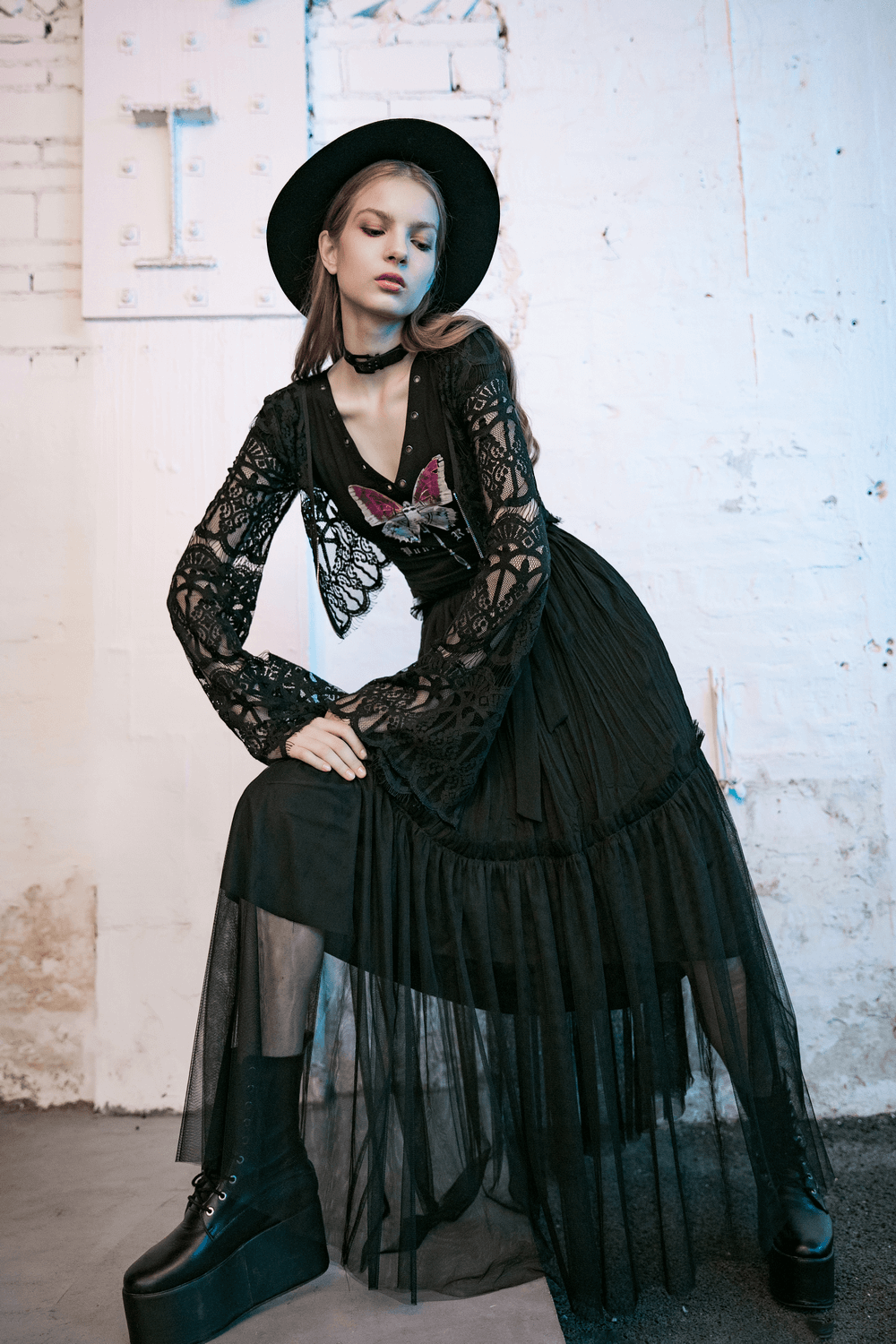Gothic Women's Lace Crop Top with Bell Sleeves