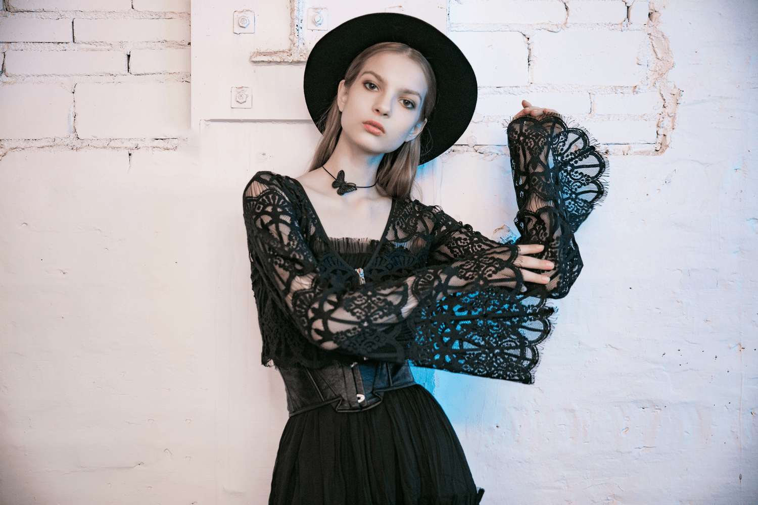Gothic Women's Lace Crop Top with Bell Sleeves