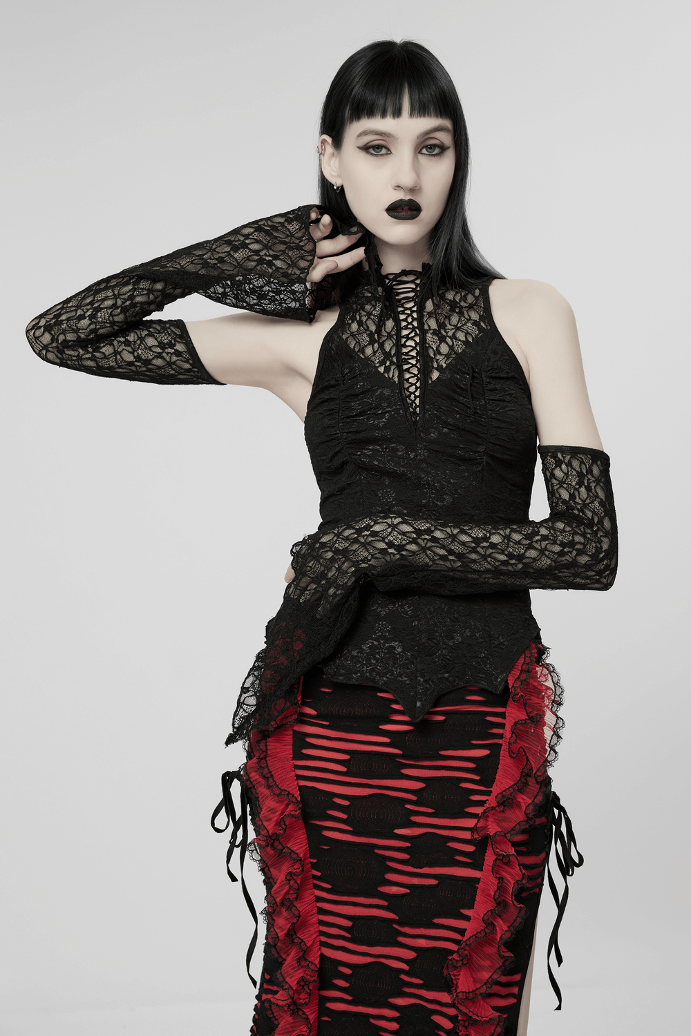 Gothic Women's Black Lace Drawstring Top with Flared Cuffs and Seductive Cutouts