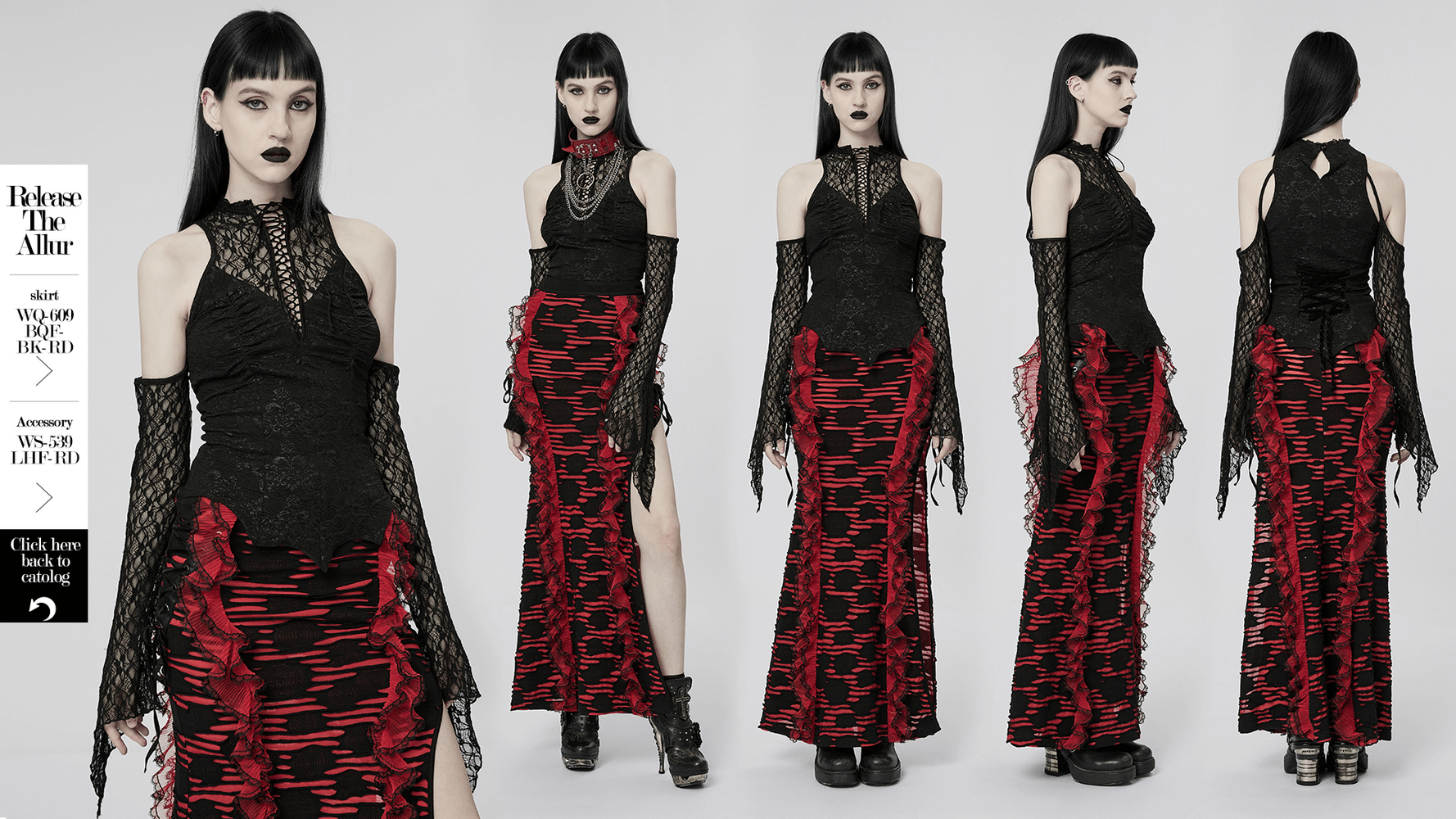 Gothic women's black lace top with flared cuffs and red patterned skirt, showcasing punk style and allure.